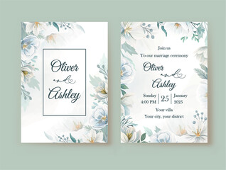 Elegant wedding invitation template with lovely white watercolor flowers