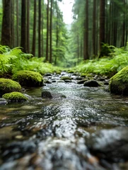 Fototapete Rund Flowing stream in a serene forest setting near rocks © Bohdan