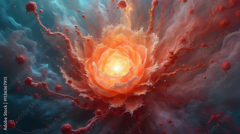 Poster an abstract and surreal image of a vibrant orange and red formation resembling a blooming flower. th