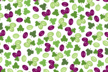 Purple and green grapes and its leaves doodle seamless pattern design on white background, for background, wallpaper or printing. 