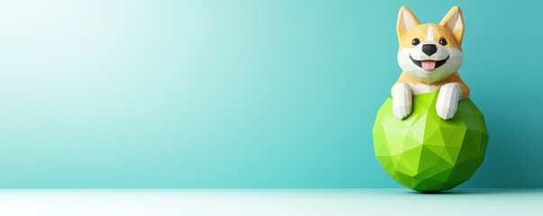 Fototapeta premium A cheerful corgi sits atop a green geometric ball against a light blue background, exuding playfulness and charm.