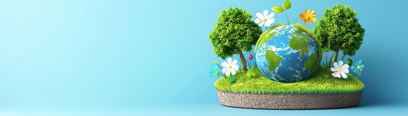 Naklejka premium A vibrant depiction of the Earth surrounded by lush greenery, flowers, and small trees, symbolizing environmental sustainability and nature's beauty.