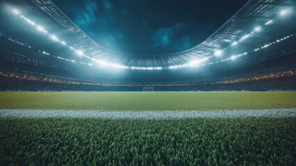 Low angle view of green grass football pitch field, interior of modern soccer stadium at night, world cup sports background