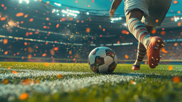Footballer kicking soccer ball on pitch inside modern football stadium ground, sport design background - Powered by Adobe