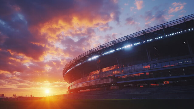 Exterior side view of modern soccer stadium arena at sunset, football world cup sports background