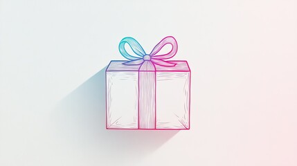 Fototapeta premium A single-line art illustration of a gift box tied with a ribbon, minimalist design on a soft white gradient background.