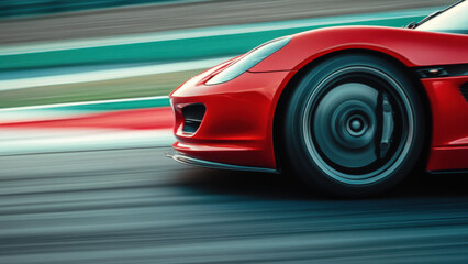 Bright red color racing sports car driving fast on race track with motion blur, motorsport background