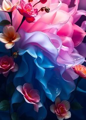Naklejka premium A surreal and dreamlike image of a vibrant blue flower with ruffled petals, contrasting beautifully against delicate pink blossoms