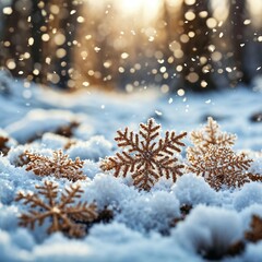 Snowflakes On Snow With Bokeh Of Christmas Lights