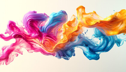 Obraz premium Dynamic swirls of magenta, cyan, and yellow paint twist and collide in mid-air against a creamy white background, creating a vibrant dance of color and energy