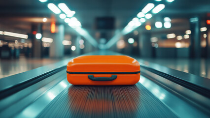 Orange lost luggage bag suitcase on baggage carousel at arrivals area of modern airport terminal, air travel background