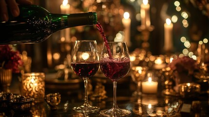 A photo of someone pouring red wine into glasses on an elegant table, surrounded by candles and soft lighting.