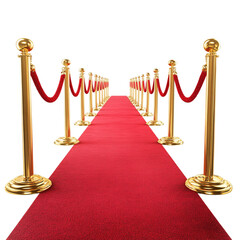 A 3D rendering of a red carpet with golden barriers on each side, isolated against a transparent background ideal for event, award show, or luxury-themed designs