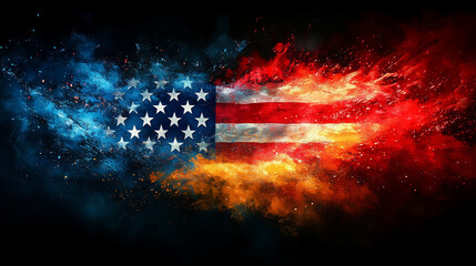 American flag with fiery and smoky effects for patriotic and dramatic designs

