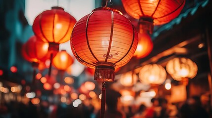 A close-up shot of vibrant red lanterns hanging above a bustling street market filled with vendors...