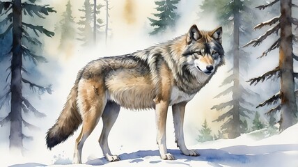 Naklejka premium Alaskan wolf in a serene watercolor painting, symbolizing forest spirit. 