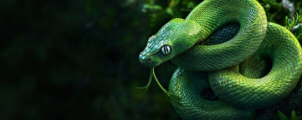 Green tree python resting on a branch in the jungle