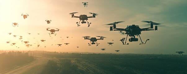 Swarm of drones flying over landscape at sunset