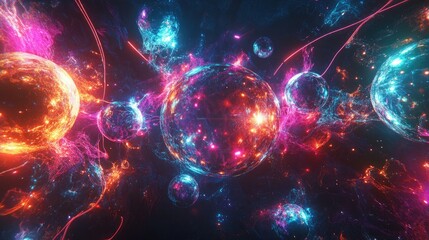 Obraz premium A vibrant digital art scene of glowing multicolored spheres connected by neon lines, creating a futuristic network.