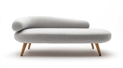 Modern light grey chaise lounge with wooden legs on white background.