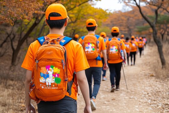 A charity walkathon event, with participants wearing matching shirts, holding banners, and walking through a scenic trail