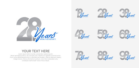 Anniversary logo set vector design, silver and blue color for celebration event