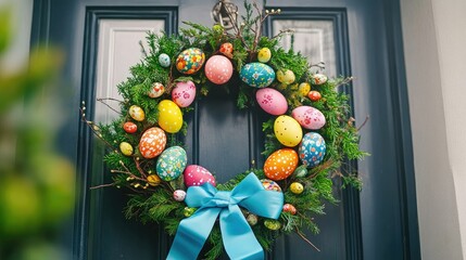 An Easter wreath decorated with colorful eggs, ribbons, and greenery hanging on a front door.