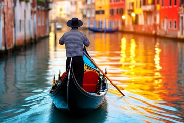 A close-up of a gondolier steering a gondola through the canals of Venice, with historic buildings reflected in the water