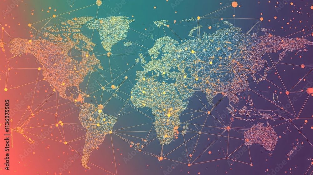 Aufkleber World map showing interconnected global network with nodes and lines