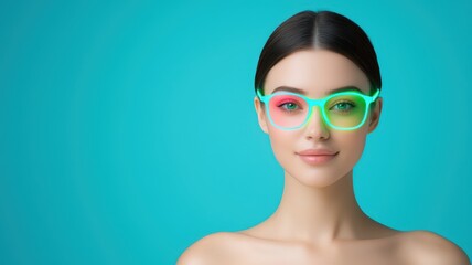 Fototapeta premium A young woman with a confident expression wears colorful glasses against a vibrant turquoise background, showcasing a modern and playful style.