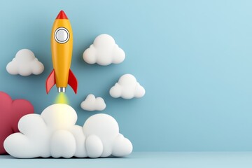 A colorful 2D illustration of a rocket representing a business growth trajectory, launching past various milestones labeled on floating clouds, on a white background