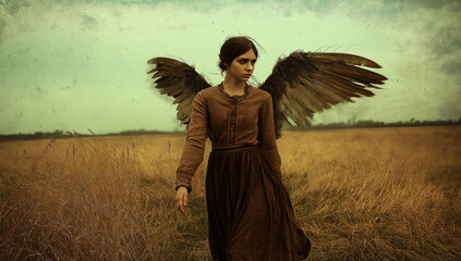 A young woman in a brown dress, dirty and with angel wings, walks in a meadow
