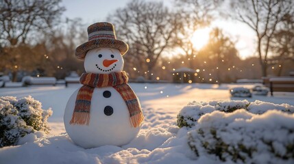 Obraz premium snowman surrounded by frost-covered bushes and trees, with large, intricate snowflakes floating down in the crisp winter air