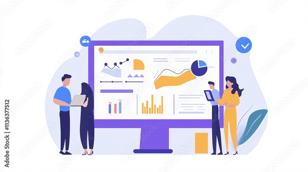 Poster business people analyzing financial charts and graphs on a large interactive screen
