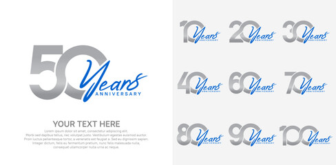 Anniversary logo set vector design, silver and blue color for celebration event