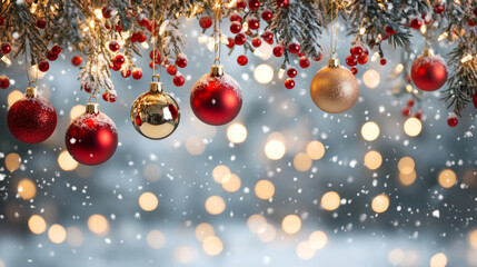 Festive Christmas decorations with red and gold ornaments hanging from snowy branches, creating warm and joyful atmosphere. soft snowfall adds to holiday charm