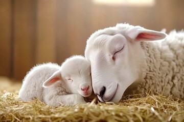 Fototapeta premium A ewe nursing her newborn lamb in a peaceful barn setting, with soft hay as bedding