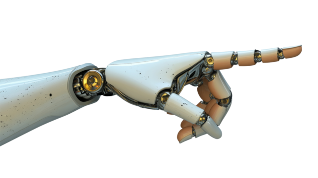 Robot hand pointing, isolated on transparent background