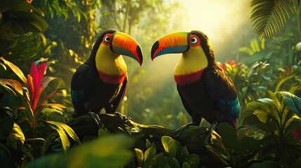 Keel-billed toucans in a lively rainforest setting, their bold colors adding to the tropical vibrancy of the scene.