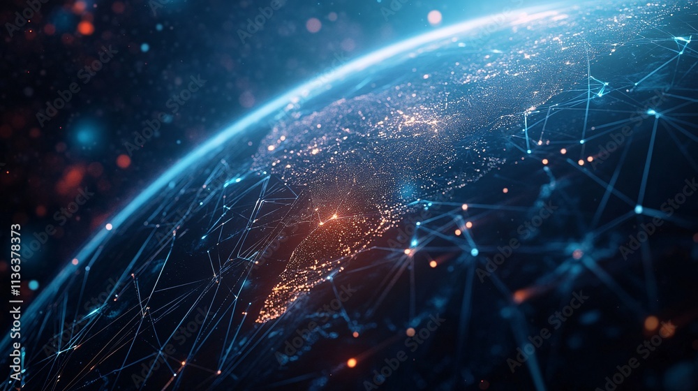 Poster Planet earth rotating showing global network connections and data exchange