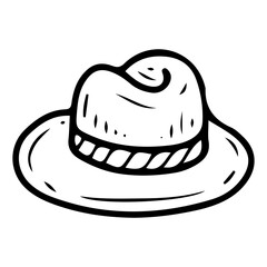 Felt hat hand drawn doodle. Man's clothing accessory. Traditional headdress. Cap on head. Fabric item of classic suit. Vector line art illustration.