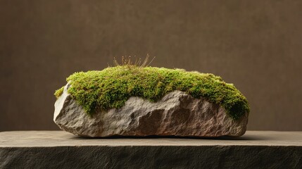 Fototapeta premium Minimalist moss-covered stone pedestal with a warm brown background, emphasizing natural beauty and organic design.