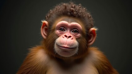 Fototapeta premium Curious Young Monkey With Curly Fur Gazes Warmly at the Camera in a Soft-Lit Studio Setting During an Indoor Session. Anthropomorphic ape