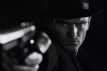 A man with a gun pointing to the right of his face.