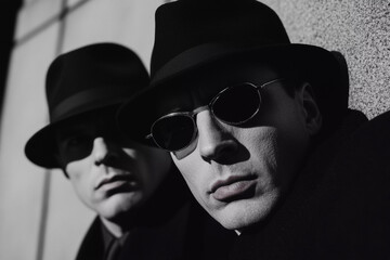 Black and white photo of two men wearing sunglasses and suits.