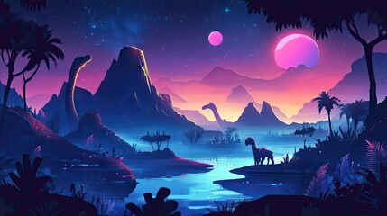 Mystical creatures roaming glowing synthwave landscapes, surrounded by neon-lit mountains and floating islands. Seamless Loop Animation.