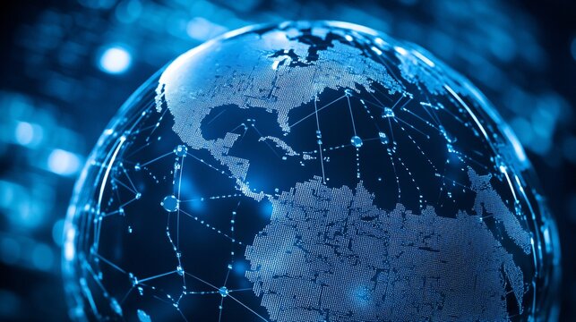 Planet earth rotating and showing connections between continents, countries and cities