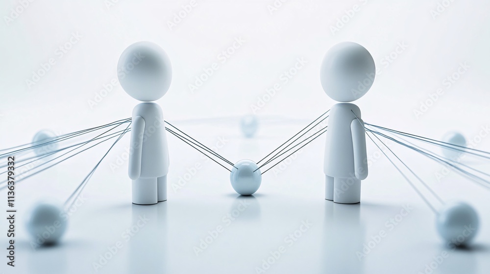 Poster two white figurines sharing connections with spheres and lines in a network