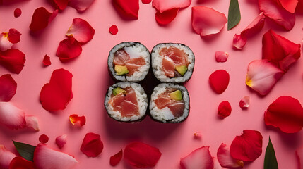 Salmon sushi for Valentine's Day. Celebrating Valentine's Day or romantic dinner.
Valentine's Day special for dinner. Set of rolls for online restaurant menu with rose petals. AI generation