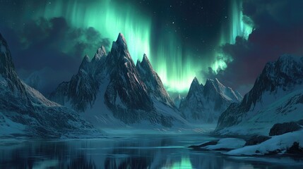 Stunning northern lights arching over jagged Norwegian peaks, with a calm reflective fjord below and snow-covered landscapes.